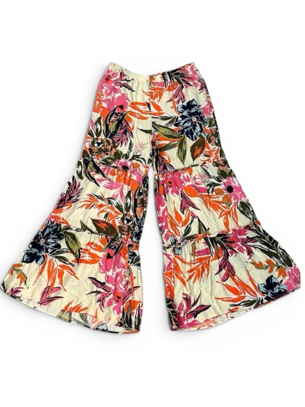 Coco Bianco Tiered Wide Leg Pants Tropical Hawaiian Pants Large Beach Coastal